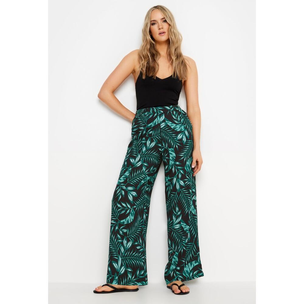 Long Tall Sally Wide Leg Pants LTS Black Green Tropical Print Trousers 18 XLONG - Picture 3 of 13
